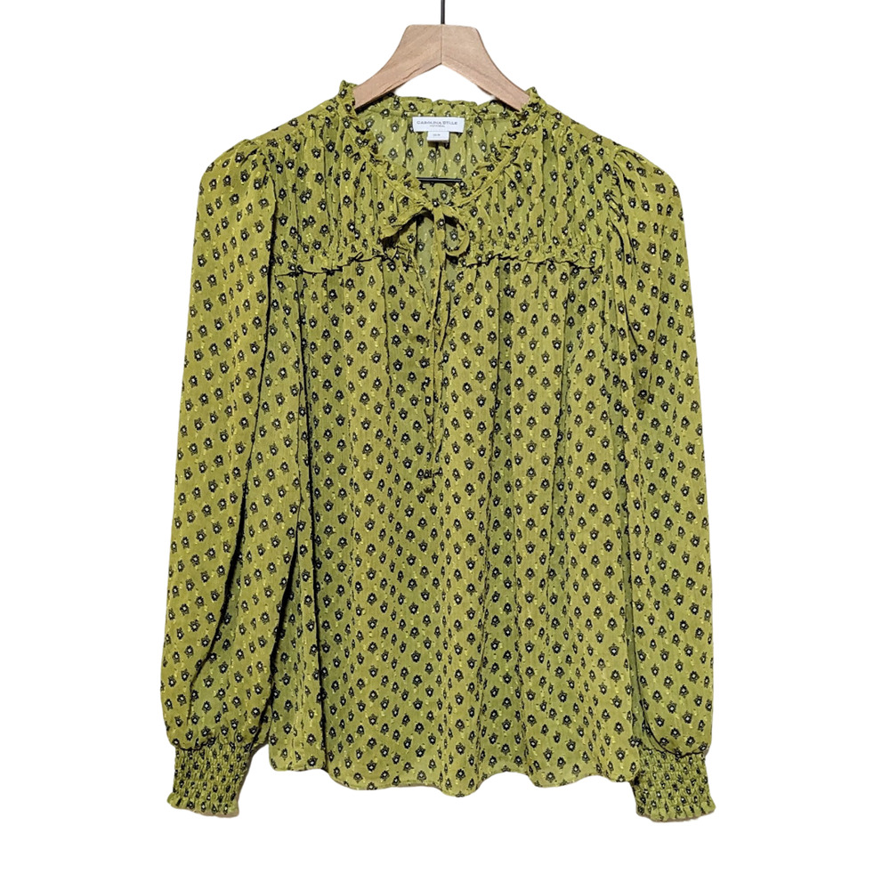 Carolina Belle Olive Green Printed Long-Sleeve Bow Blouse